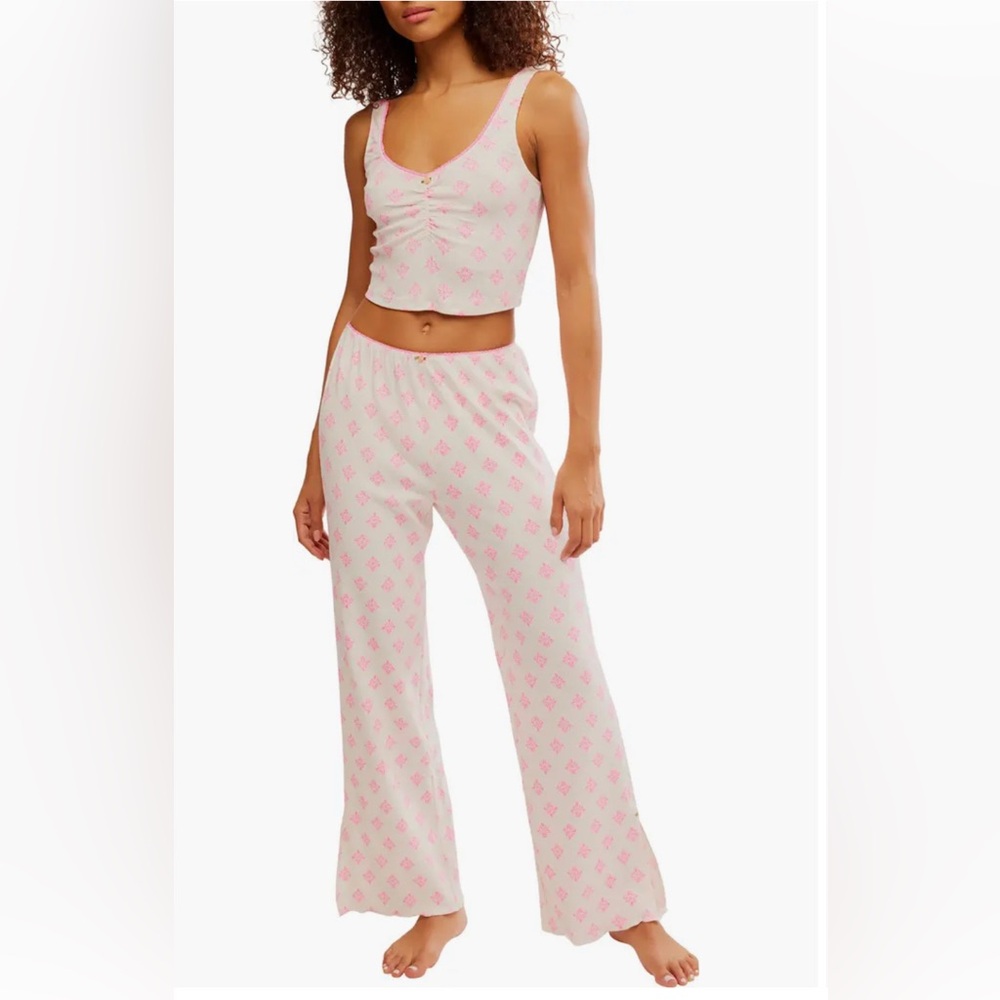 Free People Intimately Fresh in Love Pointelle Pajamas, Pink, Cream, NWT